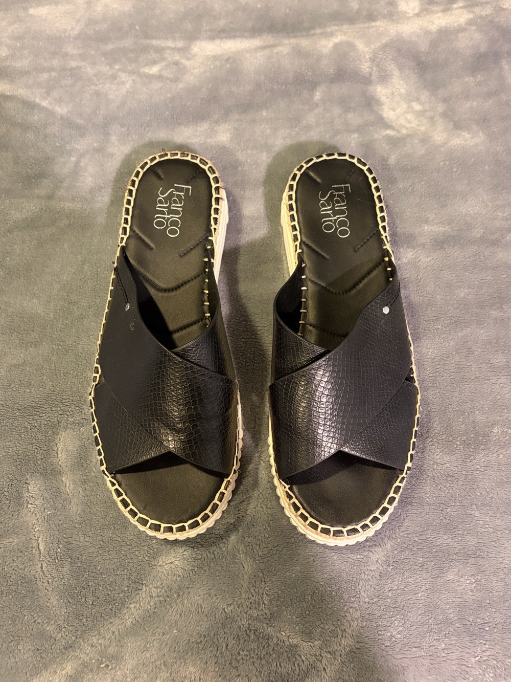 Franco Sarto Black Crisscross Slide Sandals with Espadrille Trim